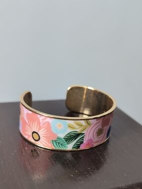 Like New Rifle Paper Co. Pink Floral Enamel Gold Cuff Bracelet